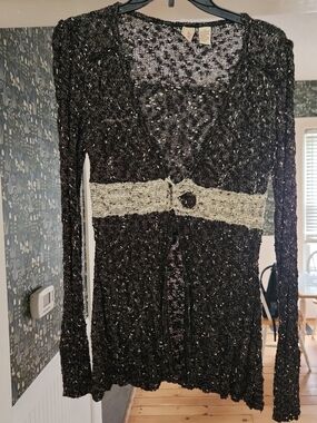 BKE Black and Cream Open Knit Sparkle Cardigan